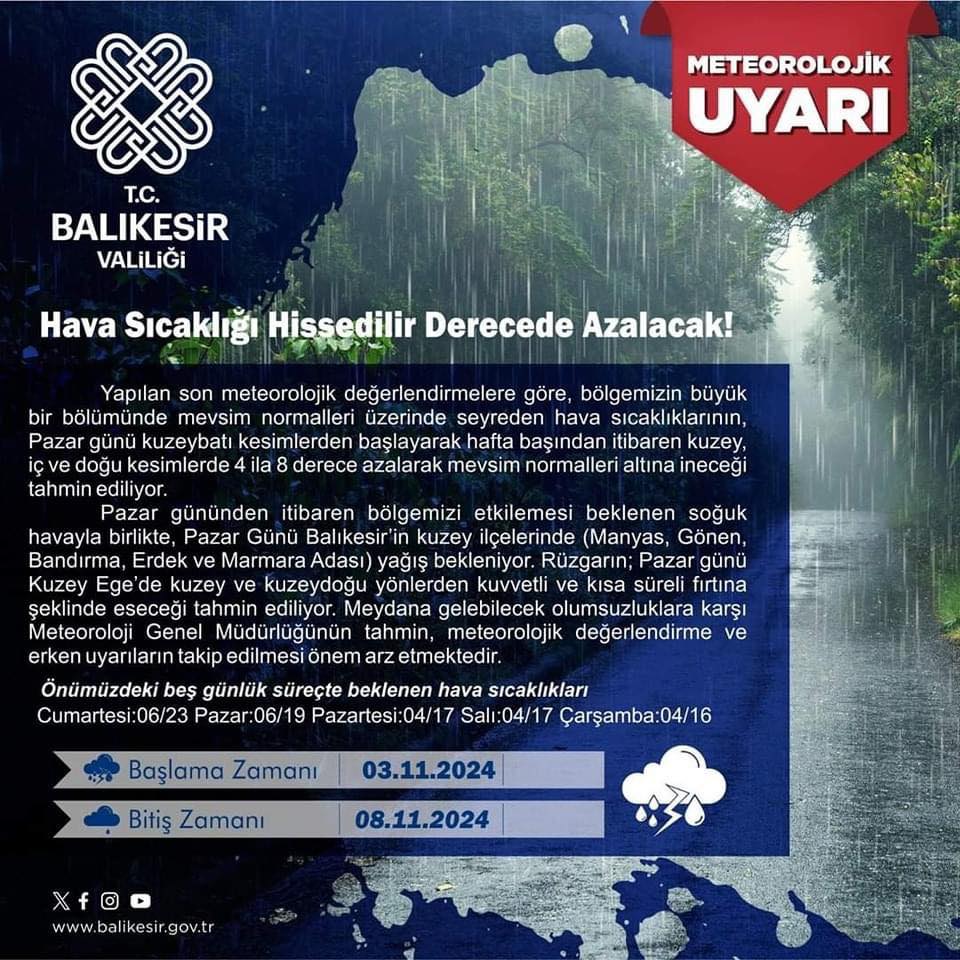 Balıkesirliler dikkat! Hava sıcaklıkları düşüyor! Valilikten uyarı geldi!