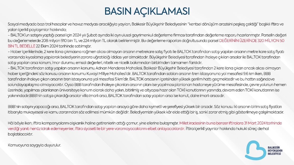 Balıkesir Büyükşehir Belediyesi’nden “Kentsel Dönüşüm Arazisi” iddialarına yanıt geldi!