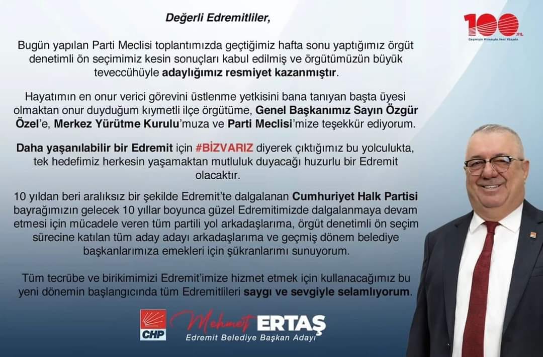 Edremit Belediye Başkan Adayı Mehmet Ertaş'tan Edremitlilere mesaj