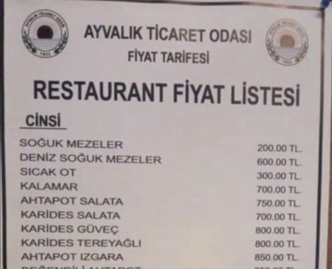 Ayvalık Ticaret Odası’nın restoranlar için yayınladığı fiyat tarifesi sosyal medyada gündem oldu!