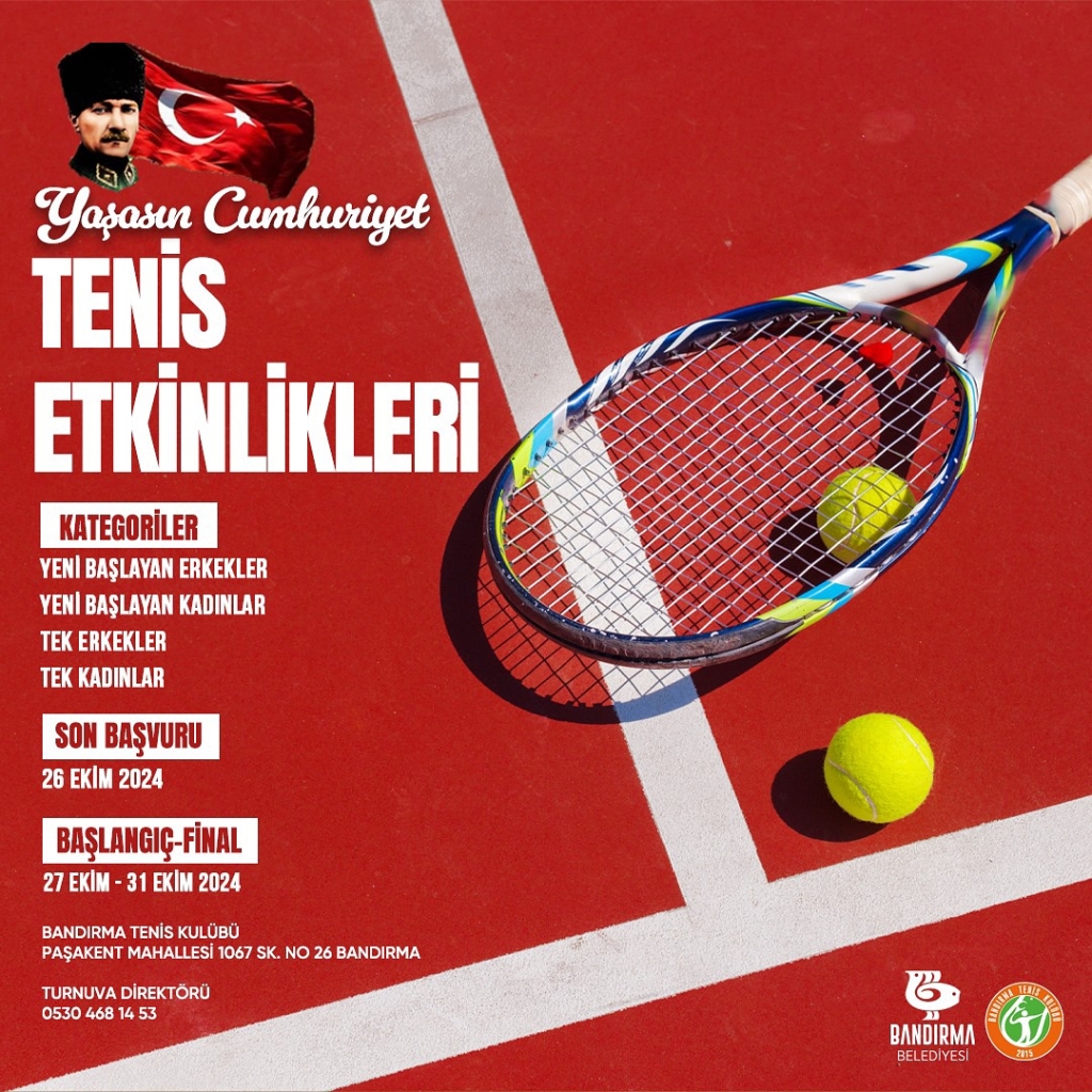 Bandırma Belediyesi, Cumhuriyet Bayramı’nı kutlamak amacıyla tenis severler için heyecan verici bir etkinlik düzenliyor.