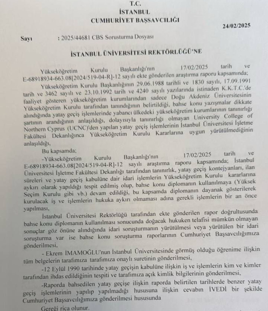 İmamoğlu’nun Diplomasına İlişkin Soruşturmada Yeni Gelişme: Savcılıktan İstanbul Üniversitesi’ne Yazı
