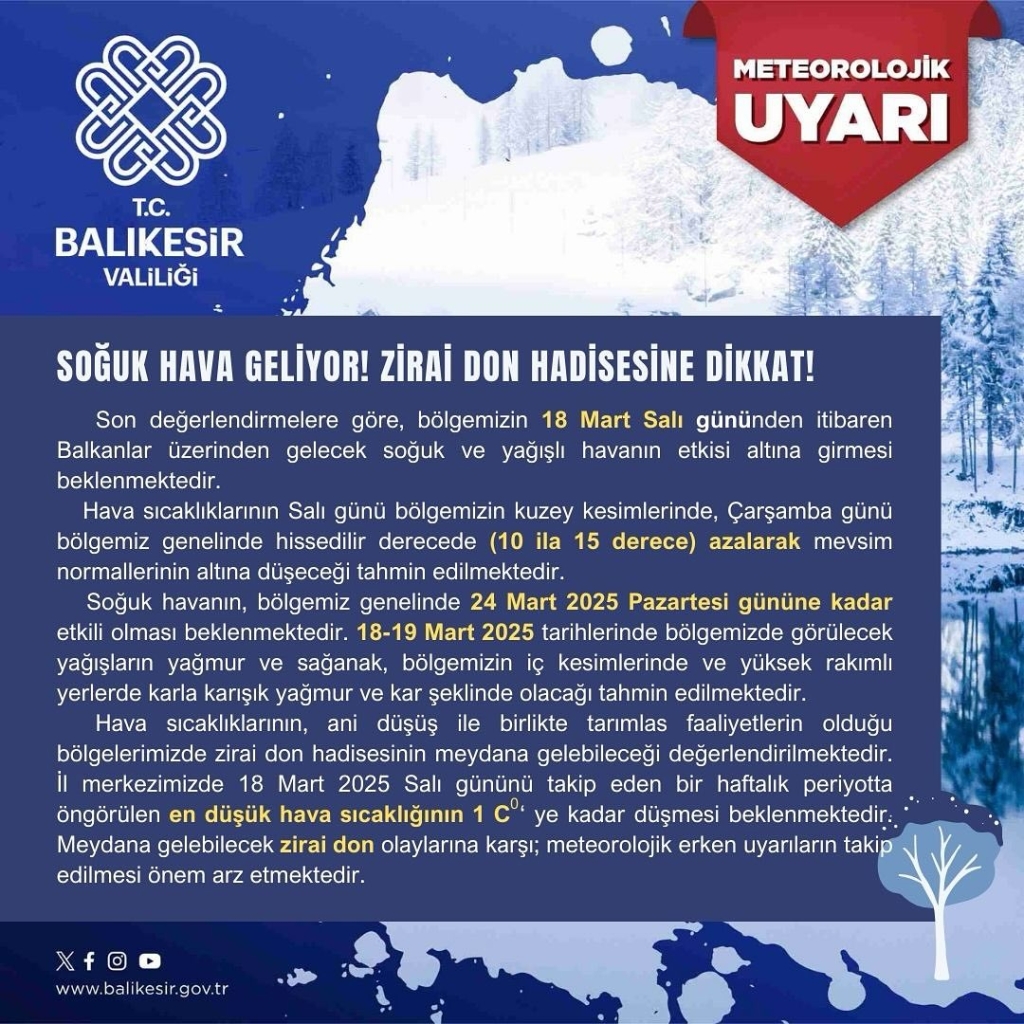 Balıkesir Valiliği’nden Soğuk Hava ve Zirai Don Uyarısı! 